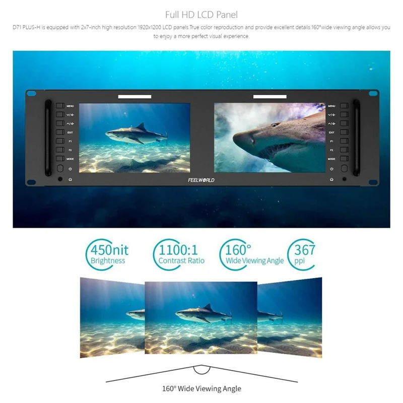 شاشة FEELWORLD D71 PLUS-H المزدوجة بحجم 7 بوصة ودقة 1920x1200 مع شاشة IPS وتركيب بحجم 3RU، ومراقبة 4K HD / الموجة / المقياس المتجه - قابس أمريكي