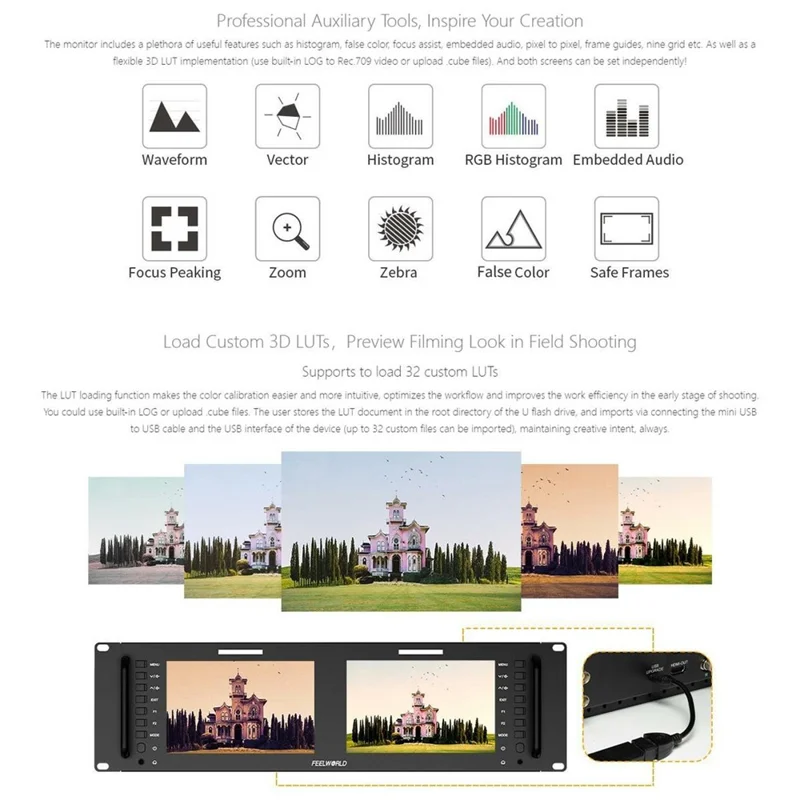 شاشة FEELWORLD D71 PLUS-H المزدوجة بحجم 7 بوصة ودقة 1920x1200 مع شاشة IPS وتركيب بحجم 3RU، ومراقبة 4K HD / الموجة / المقياس المتجه - قابس أمريكي
