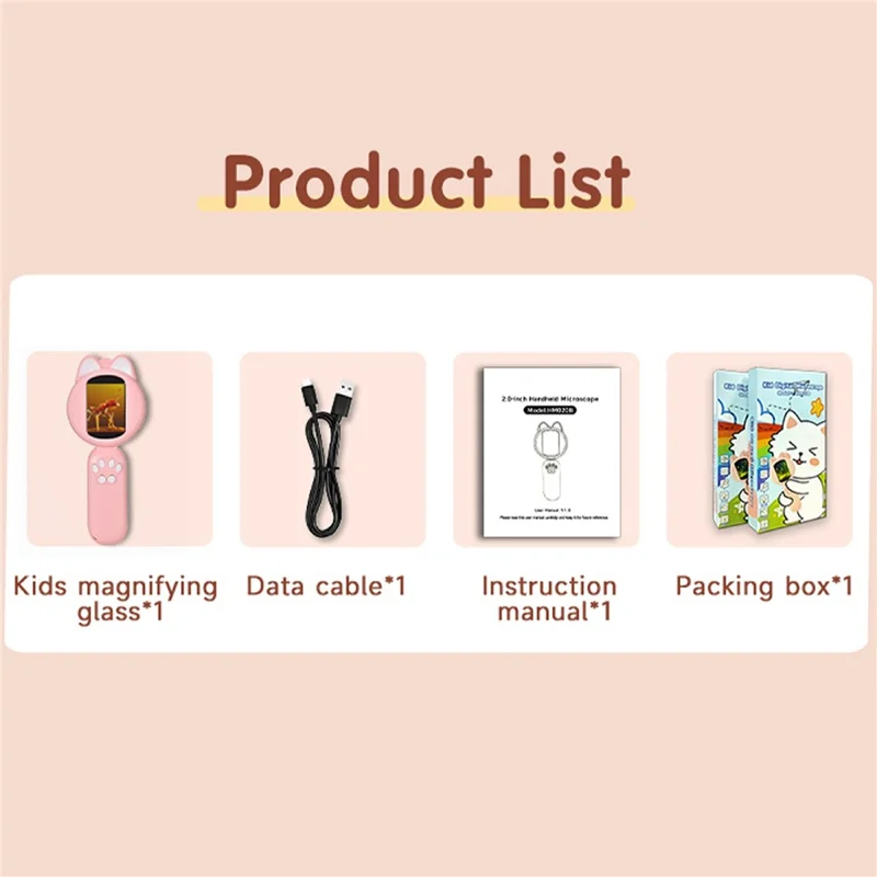 XM020A Digital Microscope for Kids 2.0 Inch IPS Color Screen Magnifier 4X Zoom LED Illumination STEM Learning Tool - Pink