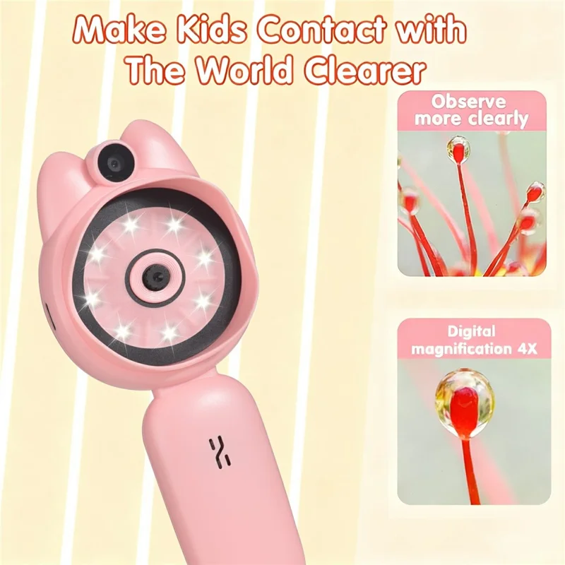XM020A Digital Microscope for Kids 2.0 Inch IPS Color Screen Magnifier 4X Zoom LED Illumination STEM Learning Tool - Pink
