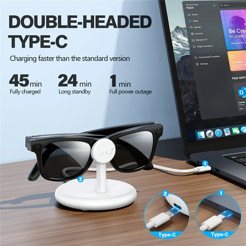 Charging Stand AR Smart Glasses For Ray-Ban Meta Wayfarer  /  Skyler /  Headliner  /  Oakley HSTN USB-C Docking Station for Desktop - White