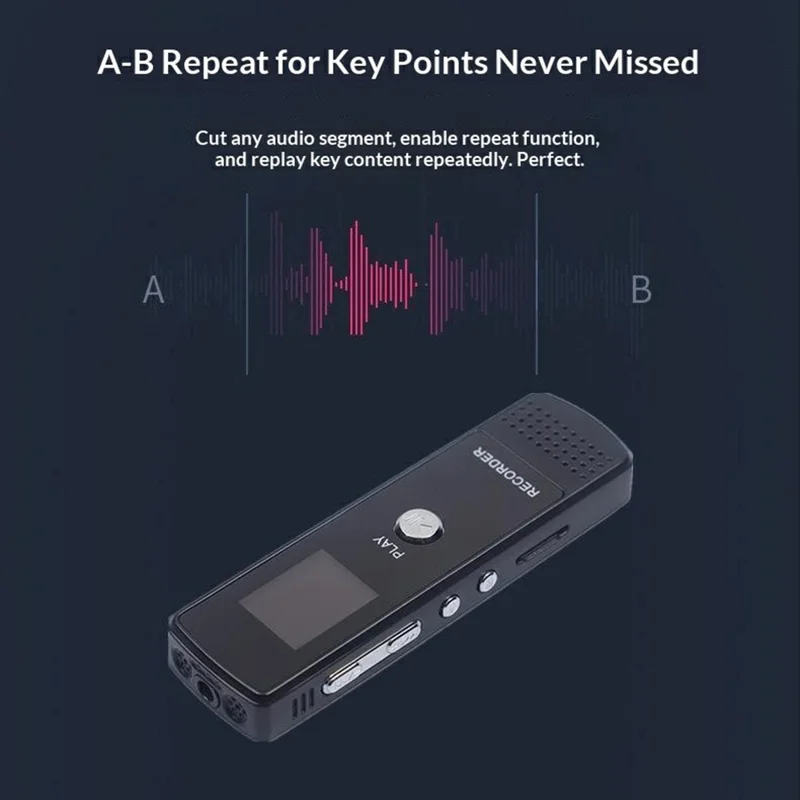 N36 Enregistreur vocal numérique 8 Go avec répétition A-B, stylo à enregistrement en un clic, réduction de bruit HD - Noir