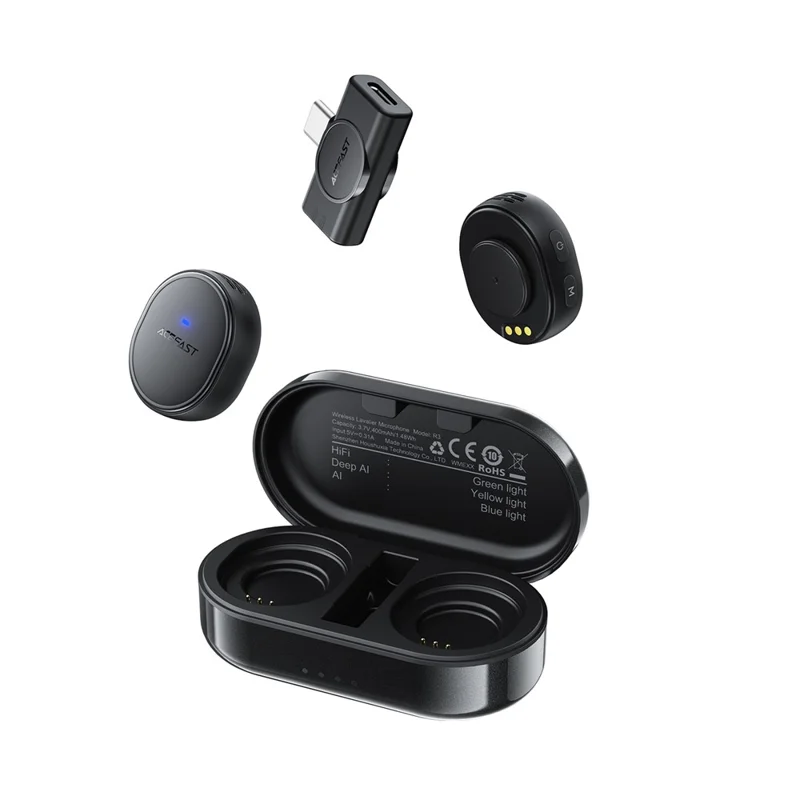 Microfone Lapela Sem Fios ACEFAST R3, Microfone de Baixa Latência e Redução de Ruído com Captação Omnidirecional