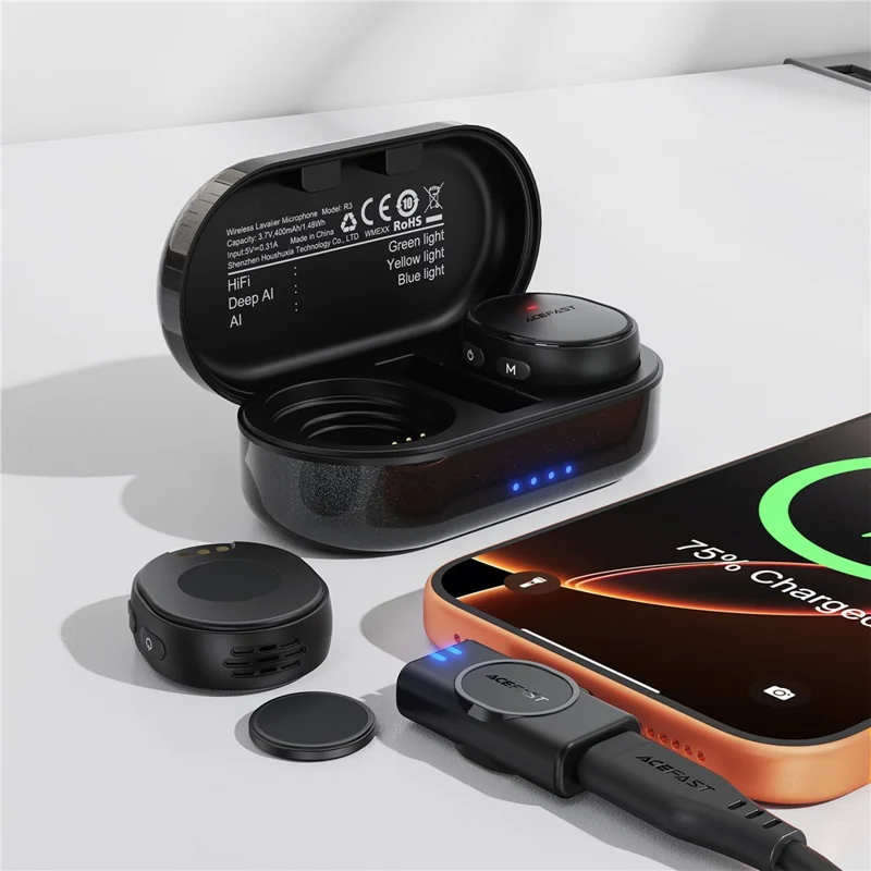 Microfone Lapela Sem Fios ACEFAST R3, Microfone de Baixa Latência e Redução de Ruído com Captação Omnidirecional