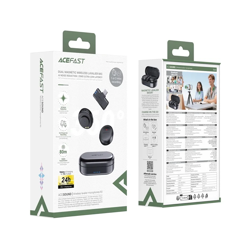 Microfone Lapela Sem Fios ACEFAST R3, Microfone de Baixa Latência e Redução de Ruído com Captação Omnidirecional
