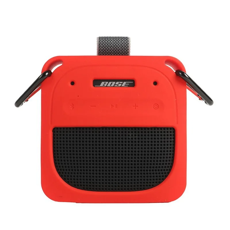 For Bose SoundLink Micro II Bluetooth-Compatible Speaker Silicone Protective Case Drop-Proof Speaker Cover with Shoulder Strap and Carabiner - Red
