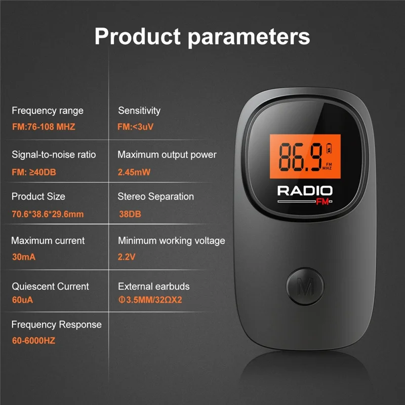 MI06 Mini Portable FM Radio with Clip Digital Display for Elderly 30 Preset Stations Pocket Radio