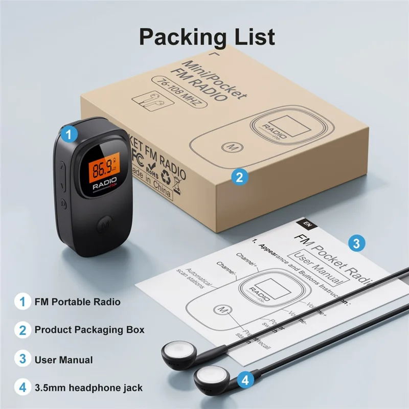 MI06 Mini Portable FM Radio with Clip Digital Display for Elderly 30 Preset Stations Pocket Radio