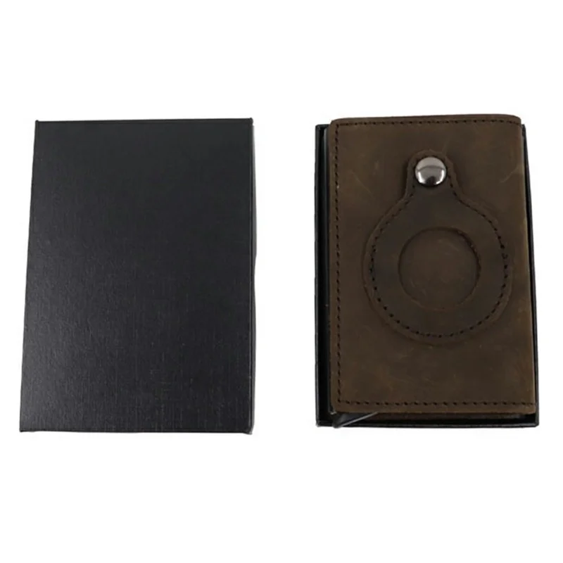For AirTag Tracker Card Holder Genuine Leather Aluminum Case Wallet Slim Bifold Storage Pouch - Tan