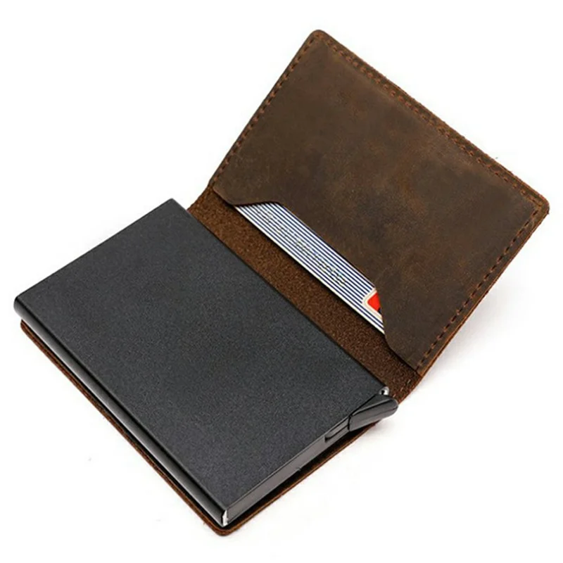 For AirTag Tracker Card Holder Genuine Leather Aluminum Case Wallet Slim Bifold Storage Pouch - Tan