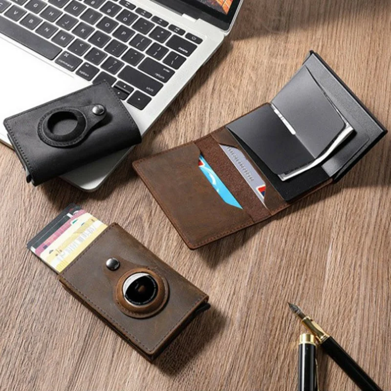 For AirTag Tracker Card Holder Genuine Leather Aluminum Case Wallet Slim Bifold Storage Pouch - Tan