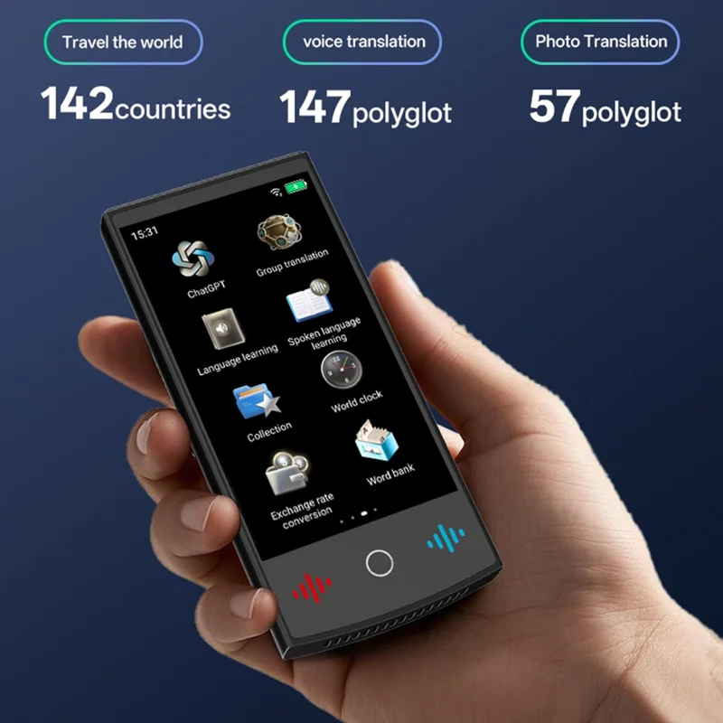 T26 4 بوصة 138 دولة مترجم ذكي واي فاي مترجم صوتي وتسجيل صور مع ترجمة دون اتصال 1 جيجابايت رام 16 جيجابايت تخزين - أسود