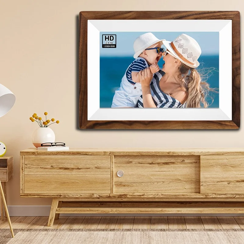 32GB 10.1 Inch Frameo Digital Photo Frame WiFi Smart Digital Picture Frame with IPS Touch Screen Wood Frame - US Plug