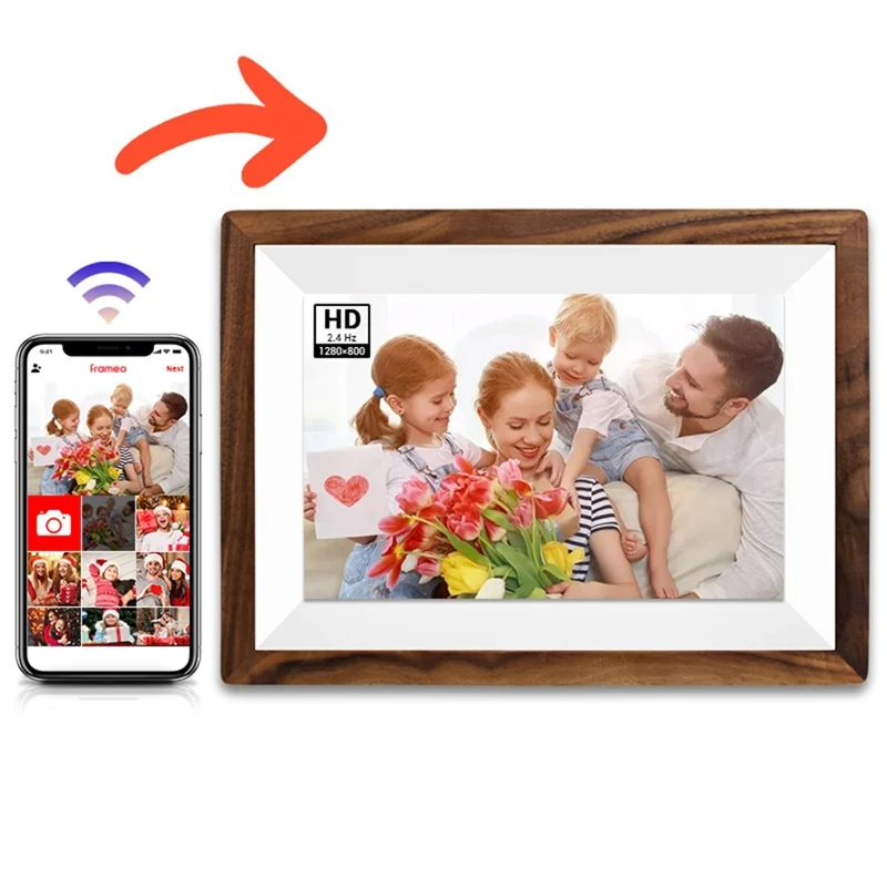 32GB 10.1 Inch Frameo Digital Photo Frame WiFi Smart Digital Picture Frame with IPS Touch Screen Wood Frame - US Plug