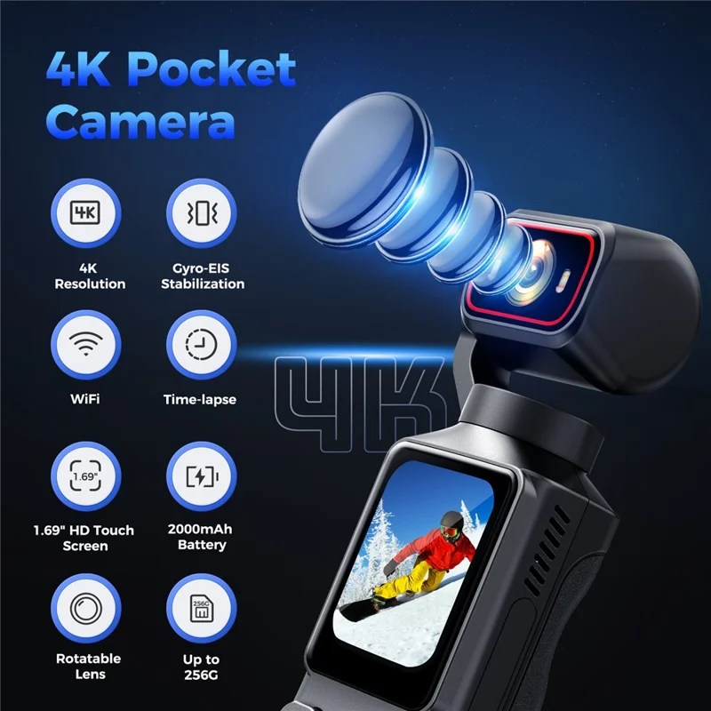L19 Action Camera 4K Anti-Shake VLOG Pocket Camera con Schermo Touch da 1,69 pollici e Connessione Wi-Fi per Ciclismo