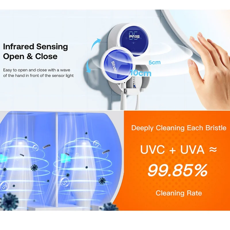 BITVAE X122 Infrared Sensing Toothbrush Sterilizer Cleaner Wall-Mounted UV Disinfection Toothbrush Dryer with LED Smart Screen