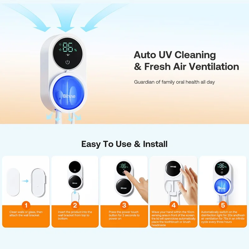 BITVAE X122 Infrared Sensing Toothbrush Sterilizer Cleaner Wall-Mounted UV Disinfection Toothbrush Dryer with LED Smart Screen