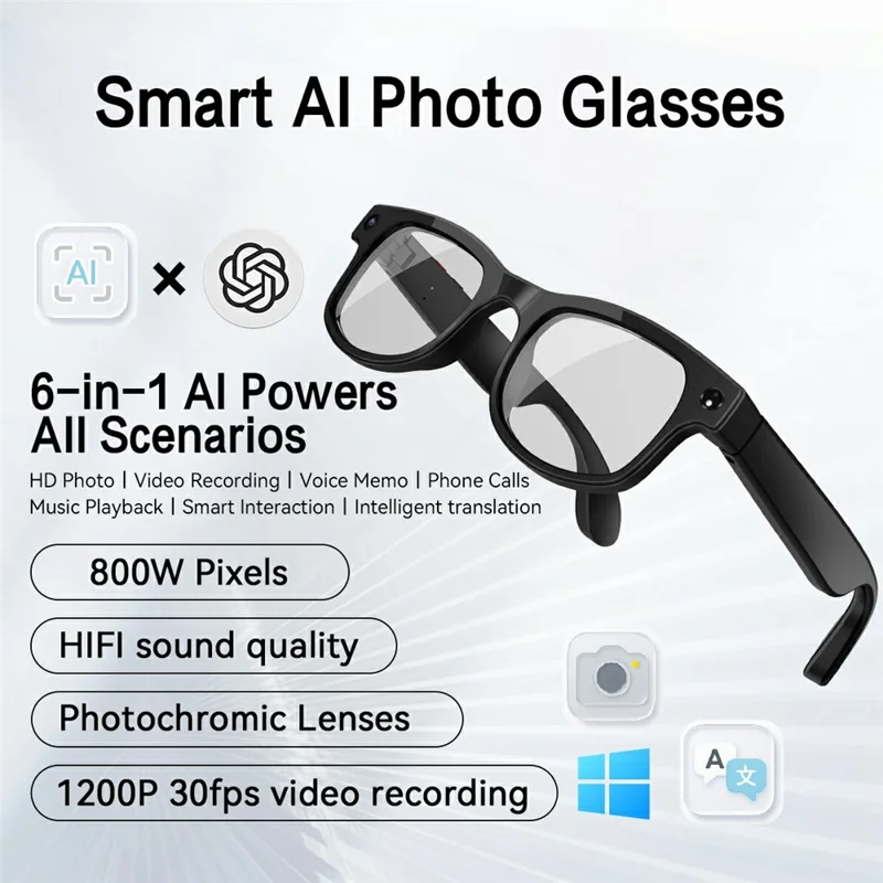 G2 8MP AI Smart Photo Glasses Anti-Shake First-Person View Glasses with Translation Video Recording Interchangeable Lens - Black