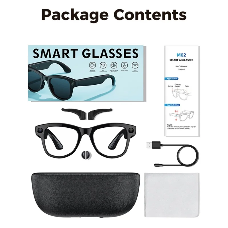 M02ULTRA IP54 Waterproof 8MP AI Smart Glasses with Charging Case 4K Shooting Translation Glasses with Interchangeable Lenses - Black + Brown Charging Case