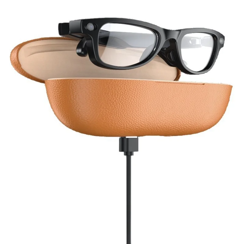 M02ULTRA IP54 Waterproof 8MP AI Smart Glasses with Charging Case 4K Shooting Translation Glasses with Interchangeable Lenses - Black + Brown Charging Case