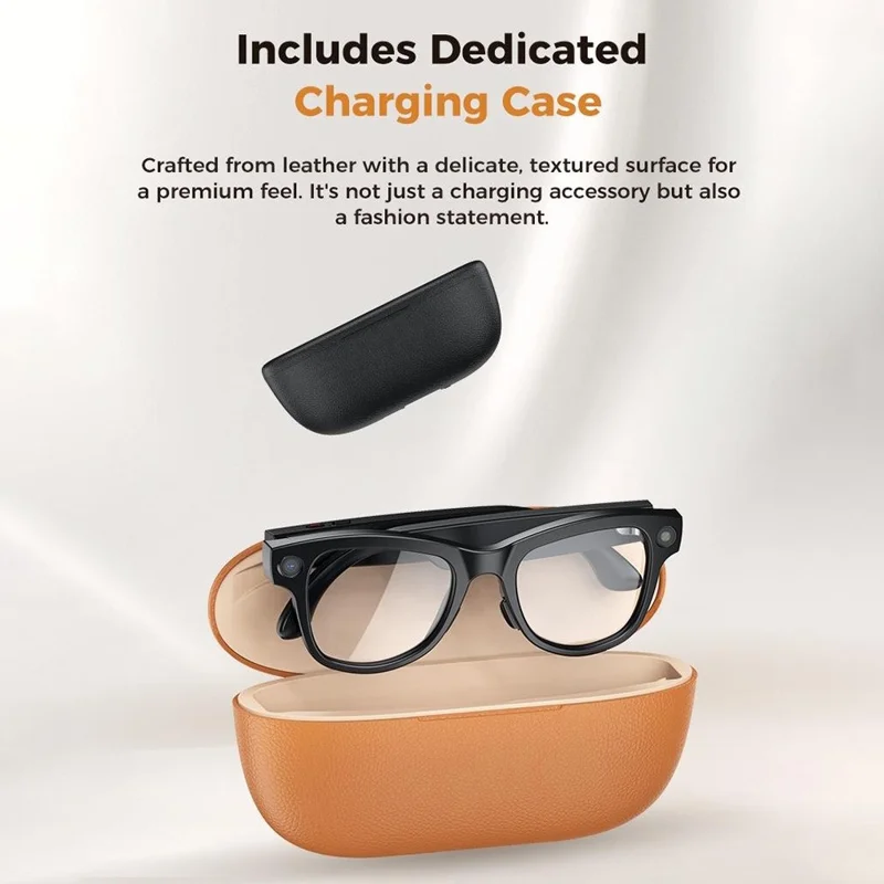 M02ULTRA IP54 Waterproof 8MP AI Smart Glasses with Charging Case 4K Shooting Translation Glasses with Interchangeable Lenses - Black + Brown Charging Case