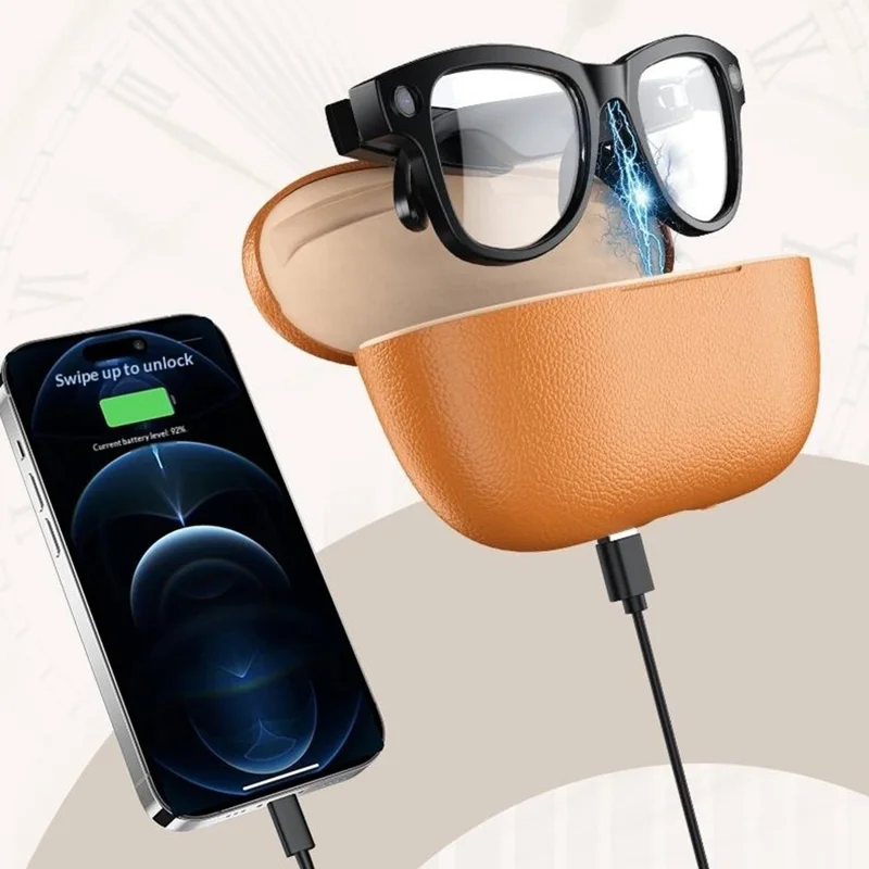 M02ULTRA IP54 Waterproof 8MP AI Smart Glasses with Charging Case 4K Shooting Translation Glasses with Interchangeable Lenses - Black + Brown Charging Case