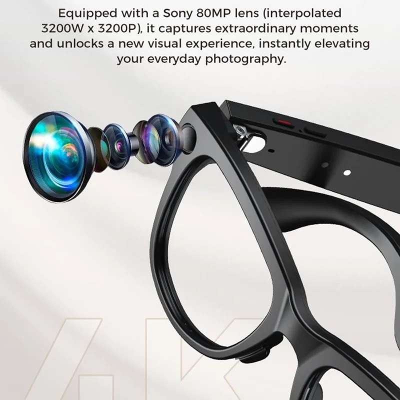 M02ULTRA IP54 Waterproof 8MP AI Smart Glasses with Charging Case 4K Shooting Translation Glasses with Interchangeable Lenses - Black + Brown Charging Case