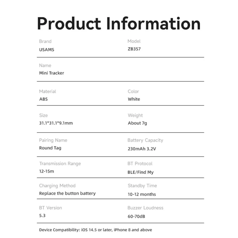 USAMS ZB357 Mini Anti-Lost Device Tracker Bluetooth-Compatible Locator Precise Positioning