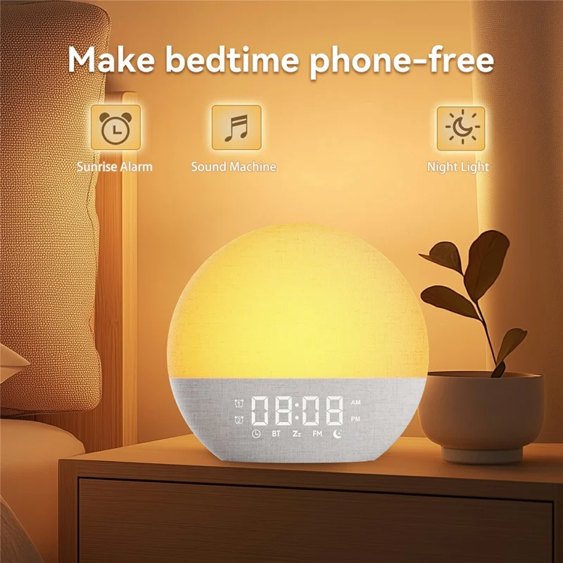 SH08A Fabric Sunrise Design Alarm Clock Bluetooth-Compatible Speaker White Noise with LED Night Light / FM Radio - US Plug