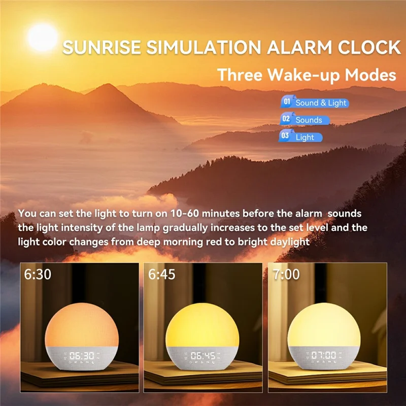 SH08A Fabric Sunrise Design Alarm Clock Bluetooth-Compatible Speaker White Noise with LED Night Light / FM Radio - US Plug