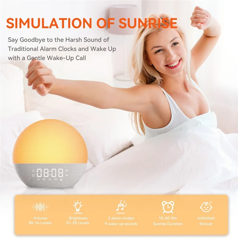 SH08A Fabric Sunrise Design Alarm Clock Bluetooth-Compatible Speaker White Noise with LED Night Light / FM Radio - US Plug