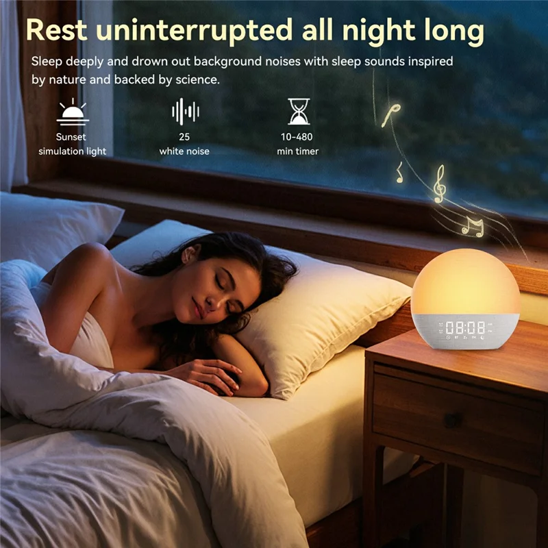 SH08A Fabric Sunrise Design Alarm Clock Bluetooth-Compatible Speaker White Noise with LED Night Light / FM Radio - US Plug