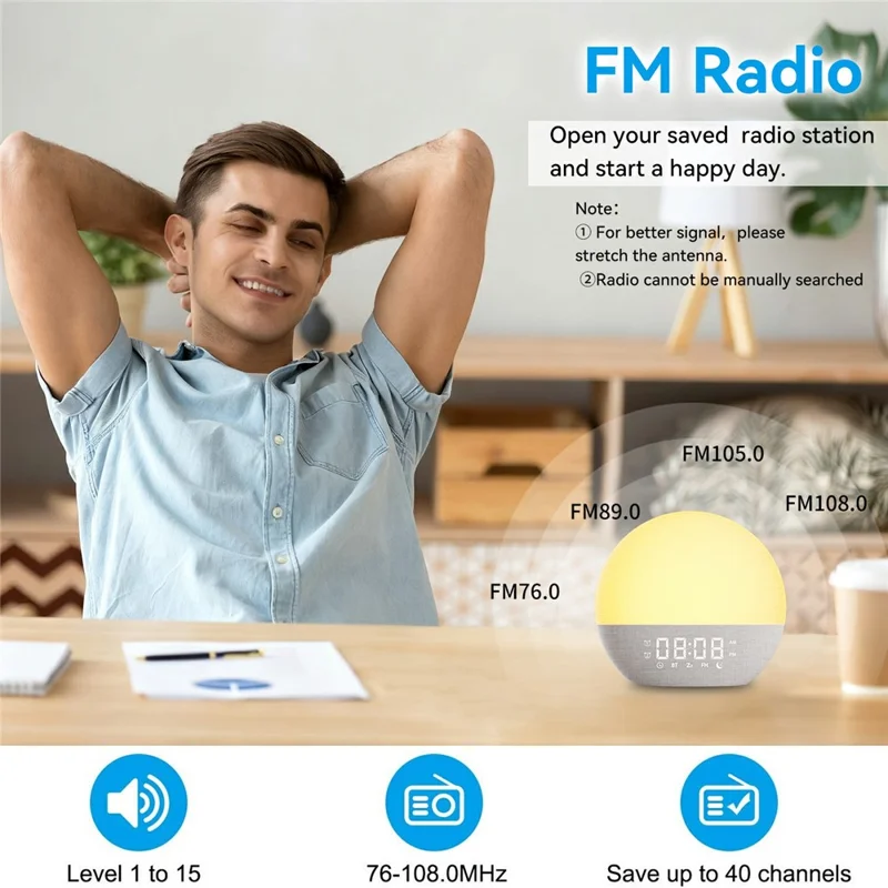 SH08A Fabric Sunrise Design Alarm Clock Bluetooth-Compatible Speaker White Noise with LED Night Light / FM Radio - US Plug