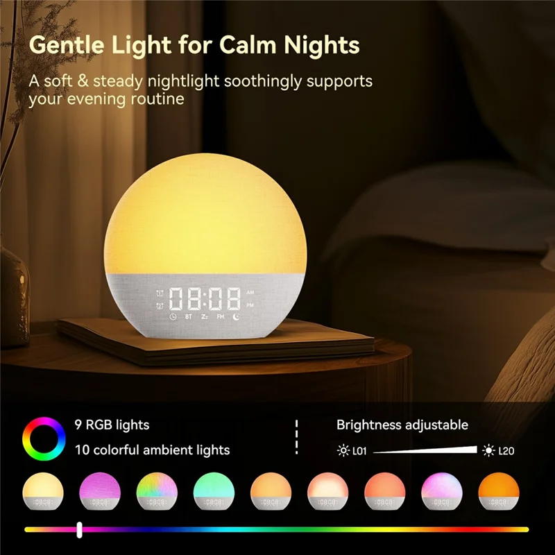 SH08A Fabric Sunrise Design Alarm Clock Bluetooth-Compatible Speaker White Noise with LED Night Light / FM Radio - US Plug