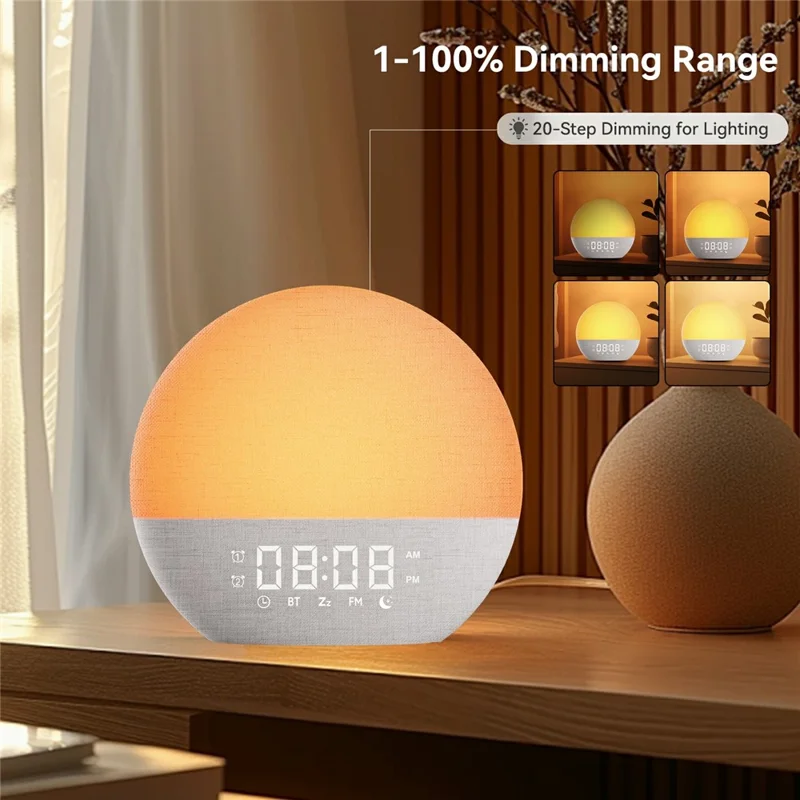 SH08A Fabric Sunrise Design Alarm Clock Bluetooth-Compatible Speaker White Noise with LED Night Light / FM Radio - US Plug
