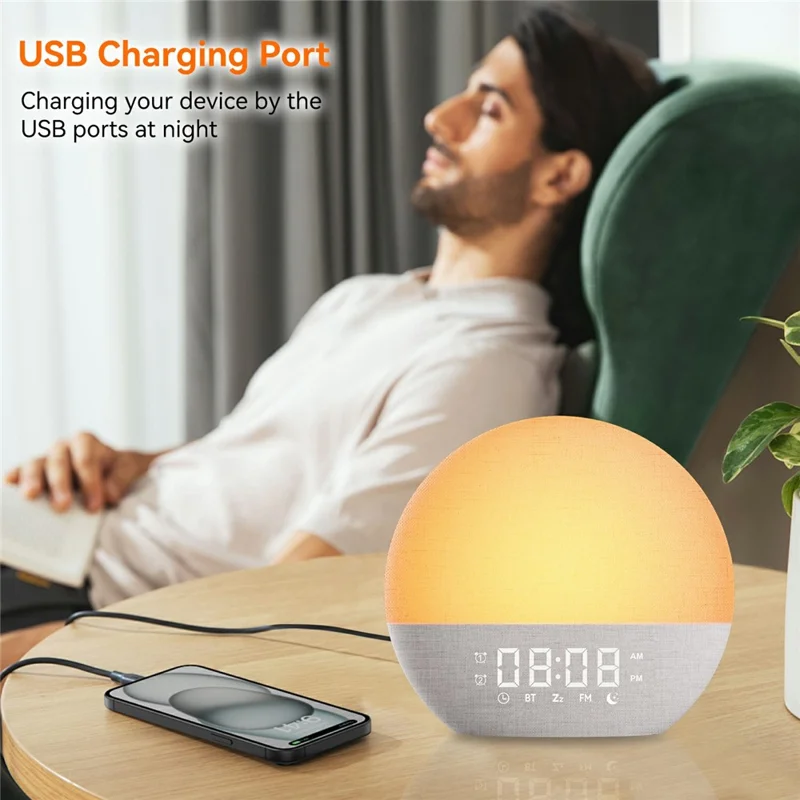 SH08A Fabric Sunrise Design Alarm Clock Bluetooth-Compatible Speaker White Noise with LED Night Light / FM Radio - US Plug