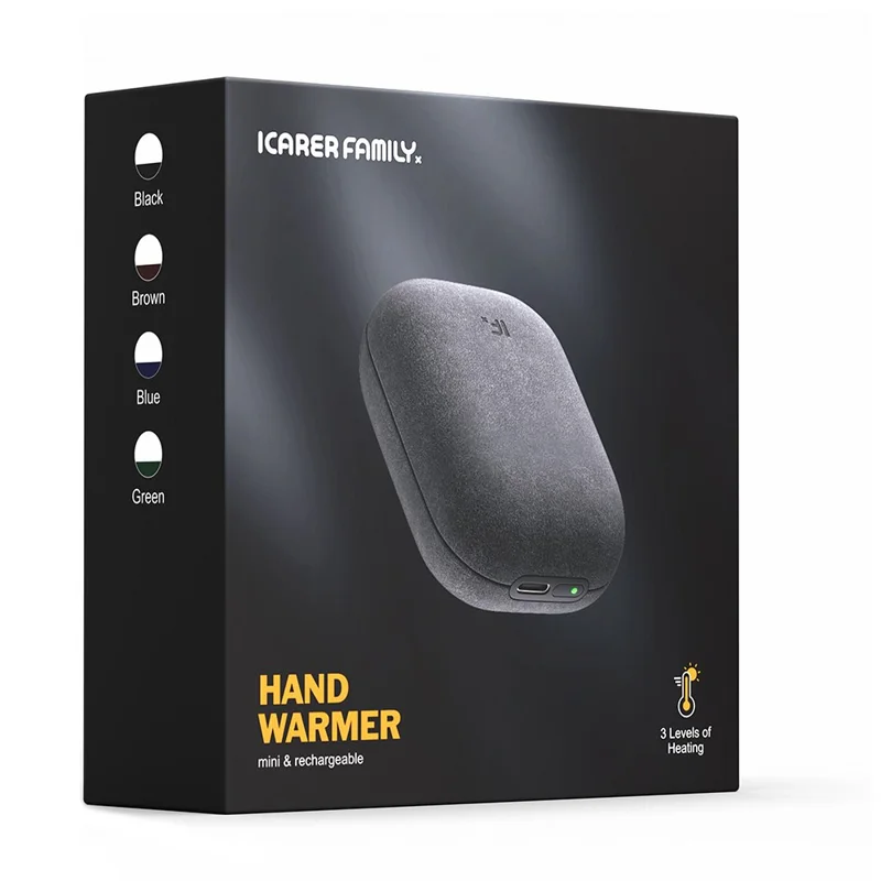 ICARER FAMILY X-MINI 4000mAh Rechargeable Hand Warmer 3 Temperature Settings USB-C Fast Charging Winter Hand Warmer - Black