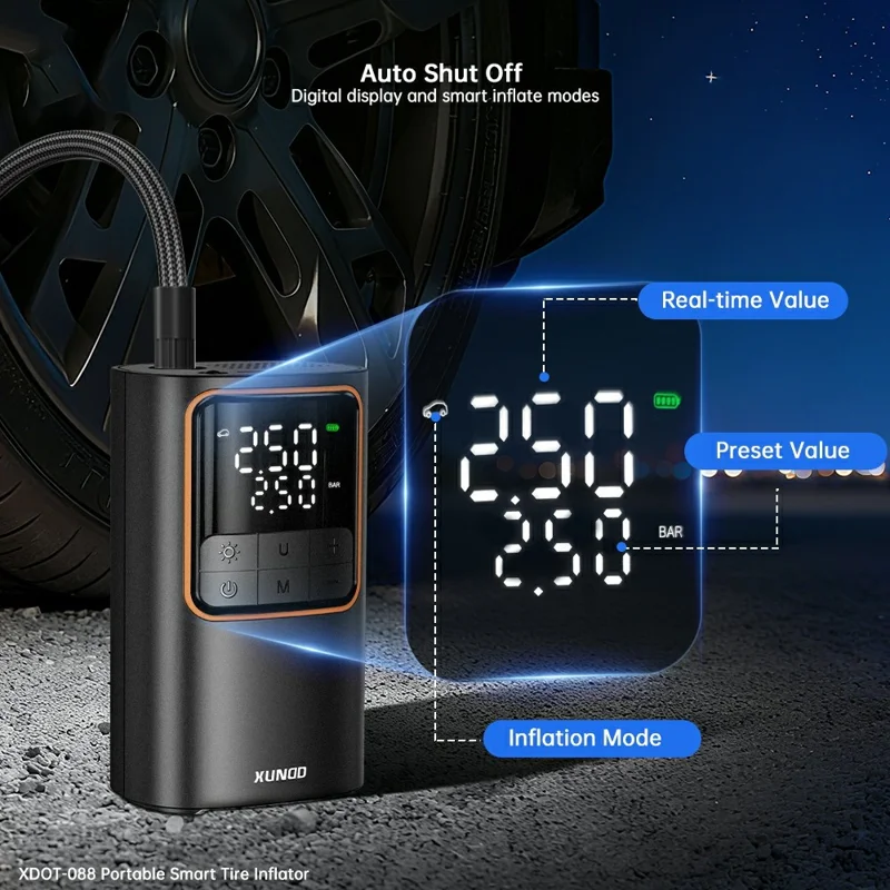 XUNDD XDOT-088 Digital Display Pump for Vehicle  /  Bicycle  /  Ball Portable Smart Tire Inflator with Emergency LED Light - Black