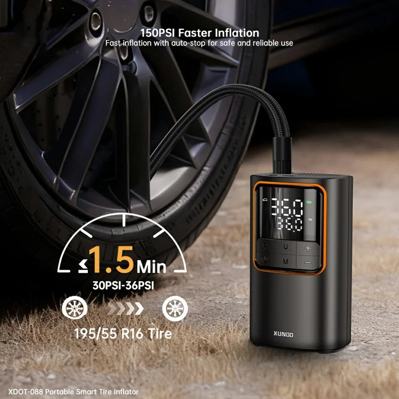 XUNDD XDOT-088 Digital Display Pump for Vehicle  /  Bicycle  /  Ball Portable Smart Tire Inflator with Emergency LED Light - Black