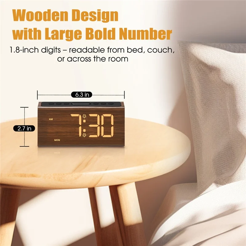 GS-G60 Wood Grain Digital Clock 1.8 Inch LED Display Dual Alarm Clock with Adjustable Volume and Brightness - Walnut