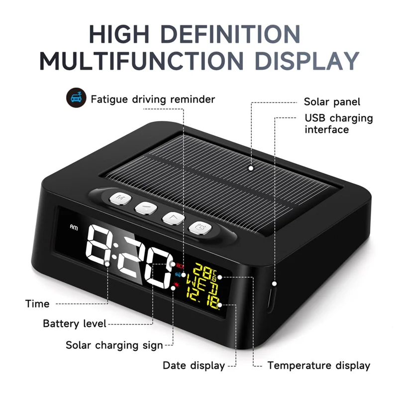GS-301 Solar Powered Clock Temperature Display LED Digital Alarm Clock with Fatigue Driving Reminder - Black