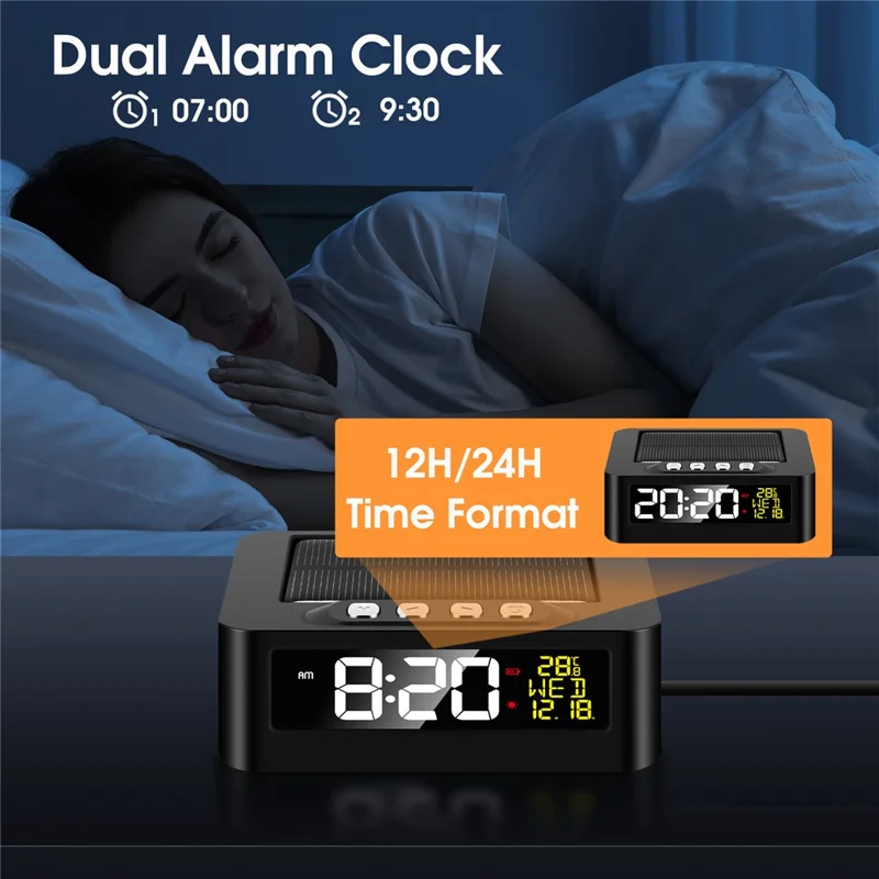 GS-301 Solar Powered Clock Temperature Display LED Digital Alarm Clock with Fatigue Driving Reminder - Black