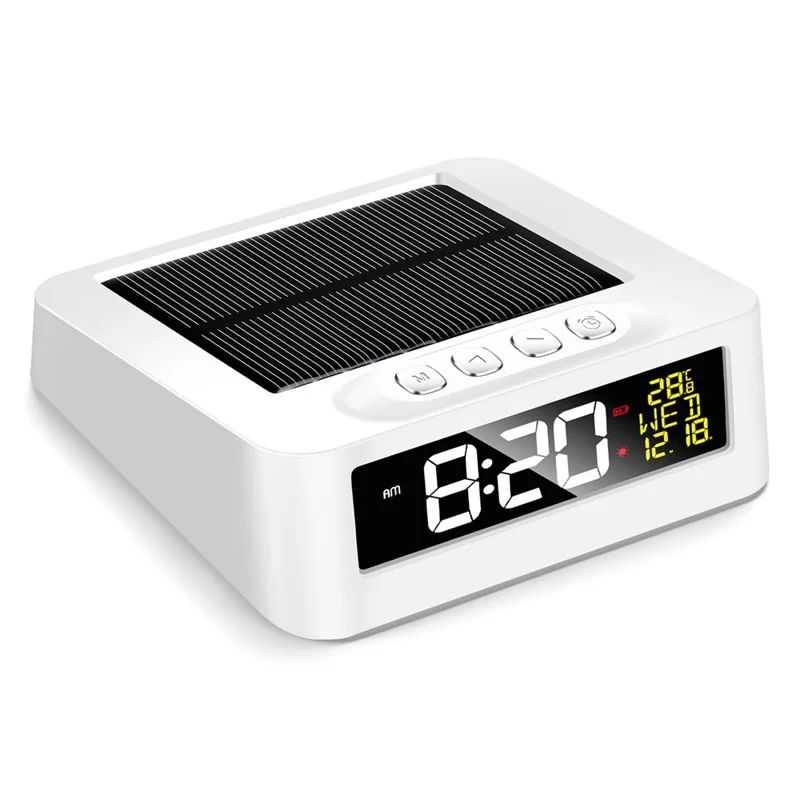 GS-301 Solar Powered Clock Temperature Display LED Digital Alarm Clock with Fatigue Driving Reminder - White