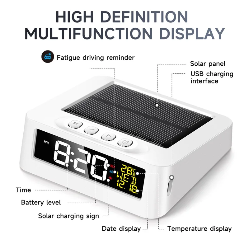 GS-301 Solar Powered Clock Temperature Display LED Digital Alarm Clock with Fatigue Driving Reminder - White