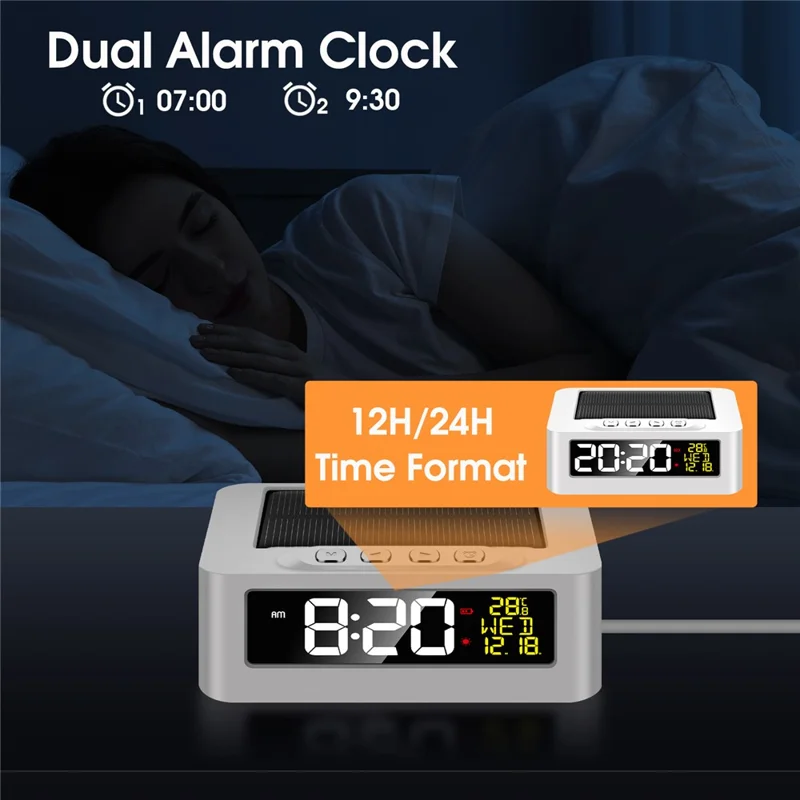 GS-301 Solar Powered Clock Temperature Display LED Digital Alarm Clock with Fatigue Driving Reminder - White