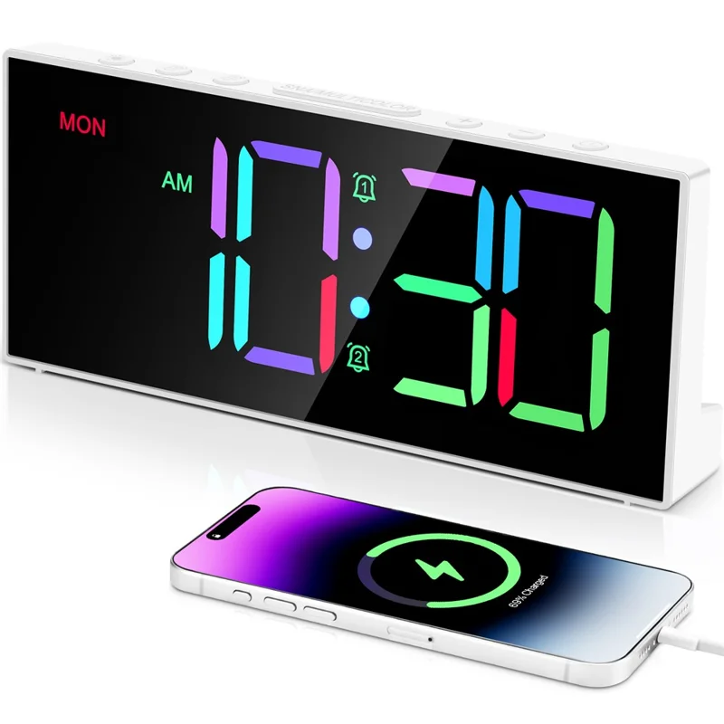 GS-G11 RGB Digital Clock LED Display Alarm Clock Adjustable Volume and Brightness Table Clock for Living Room Bedroom - White