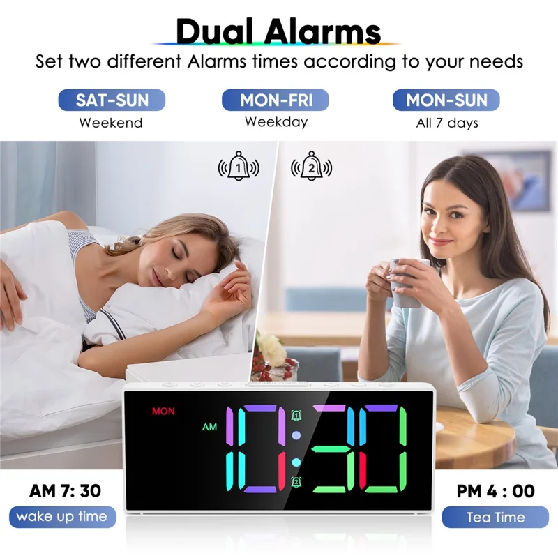 GS-G11 RGB Digital Clock LED Display Alarm Clock Adjustable Volume and Brightness Table Clock for Living Room Bedroom - White