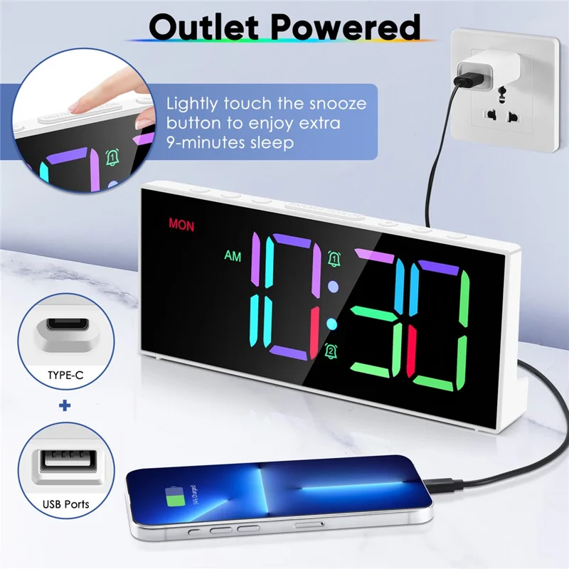 GS-G11 RGB Digital Clock LED Display Alarm Clock Adjustable Volume and Brightness Table Clock for Living Room Bedroom - White