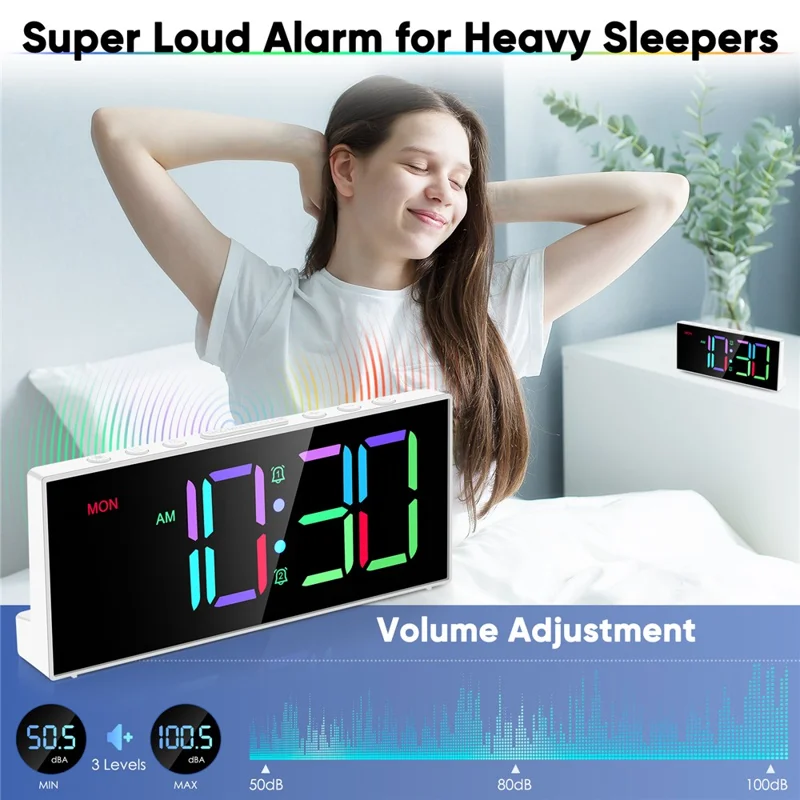 GS-G11 RGB Digital Clock LED Display Alarm Clock Adjustable Volume and Brightness Table Clock for Living Room Bedroom - White