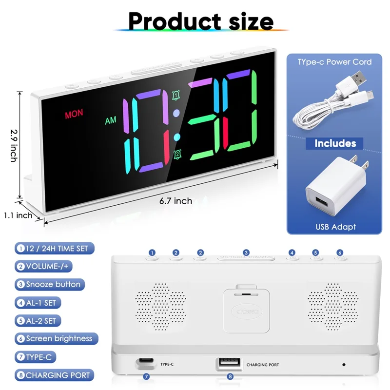 GS-G11 RGB Digital Clock LED Display Alarm Clock Adjustable Volume and Brightness Table Clock for Living Room Bedroom - White